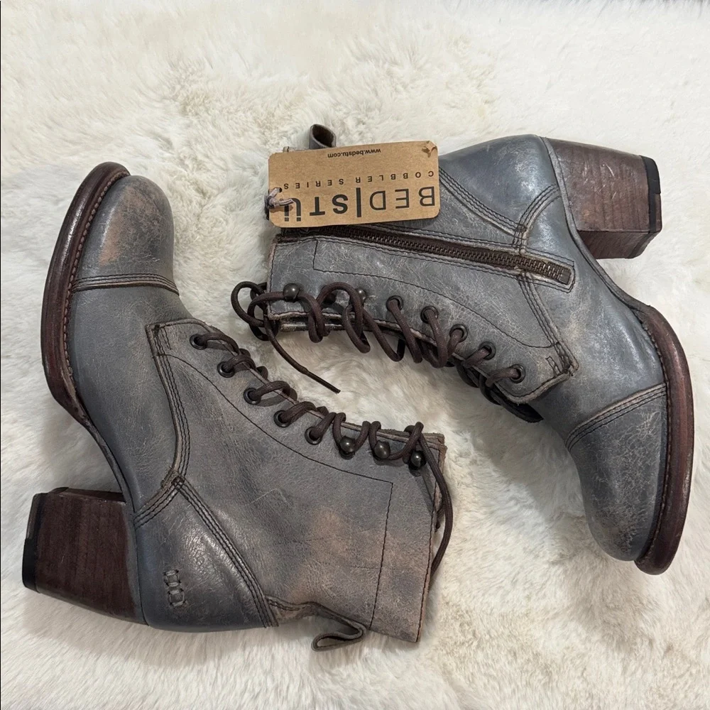 BED|STU Distressed Gray Leather Heeled Boots - Picture 3 of 13